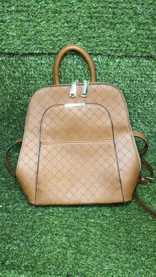 Steve Madden Brown Logo Monogram Backpack, Zip Closure, Gold Hardware, Pockets