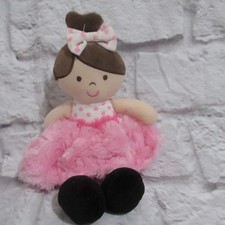 Okie Dokie Plush Soft Doll Pink Swirl Skirt Polka Dots Bow Brown Hair rattle EUC