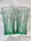 vintage Matching  Pair Set  coca cola drinking glass Green 6” Tall 3” Top Base
