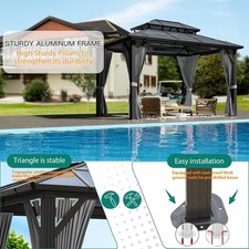 10x13 ft Outdoor Hardtop Gazebo Aluminum Frame Net Curtains Deck Lawn