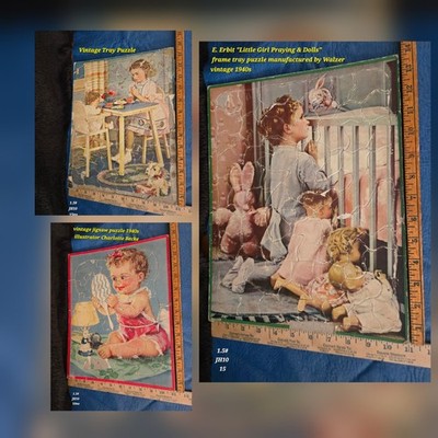 Three Vintage Tray Puzzles. E Erbit Praying Dolls Toys Baby Mirror Walzer Co