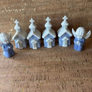 Vntg Lefton Blue and White Porcelain 3" Japan 1970s-Boy & Girl & 4 Church Bells