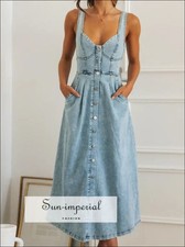 Sweetheart Neck Button-front Midi Denim Dress