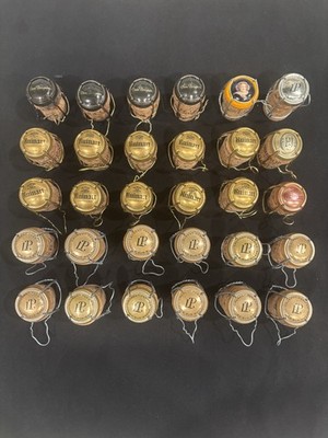 30 Champagne Corks W Cages Dom Perignon, Ruinart, Perrier Jouet, Laurent, Vueve