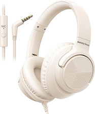 Wired Headphones with Microphone for School, 3.5Mm Corded Headphones, Beige