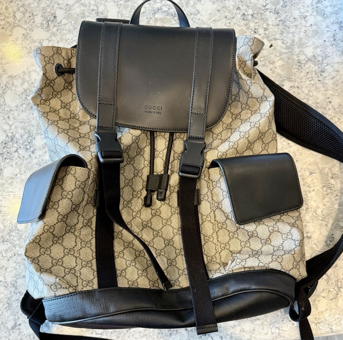 NEVER USED Gucci Soft GG Supreme Monogram DBL Buckle Backpack BRN