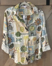 JANE + DELANCEY Floral Animal Taj Majal Print Shirt Size M Roll Tab Sleeve NWT💚