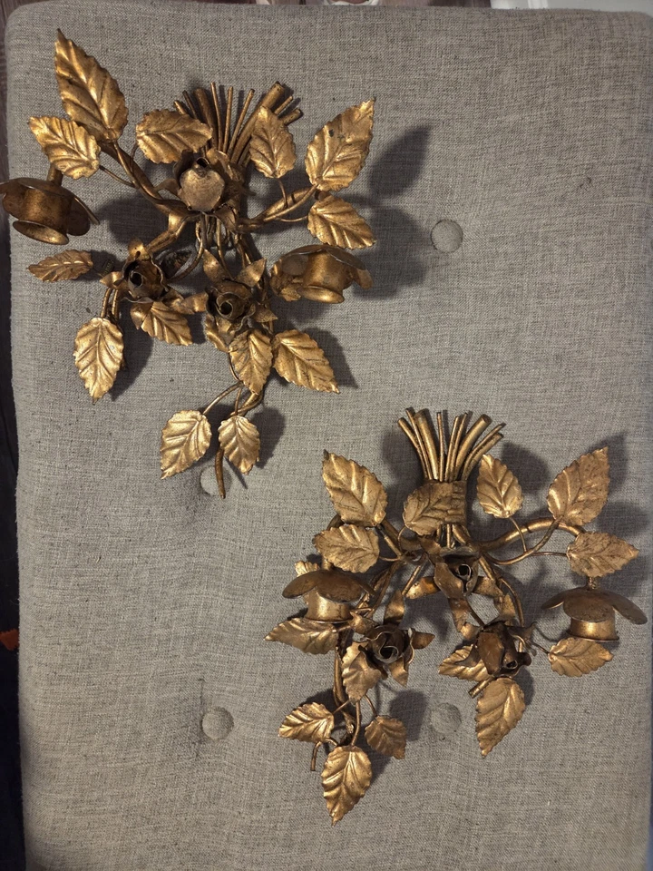 Juego de 2 apliques italianos Hollywood Regency dorados de rosas y hojas Foto 2 de 4