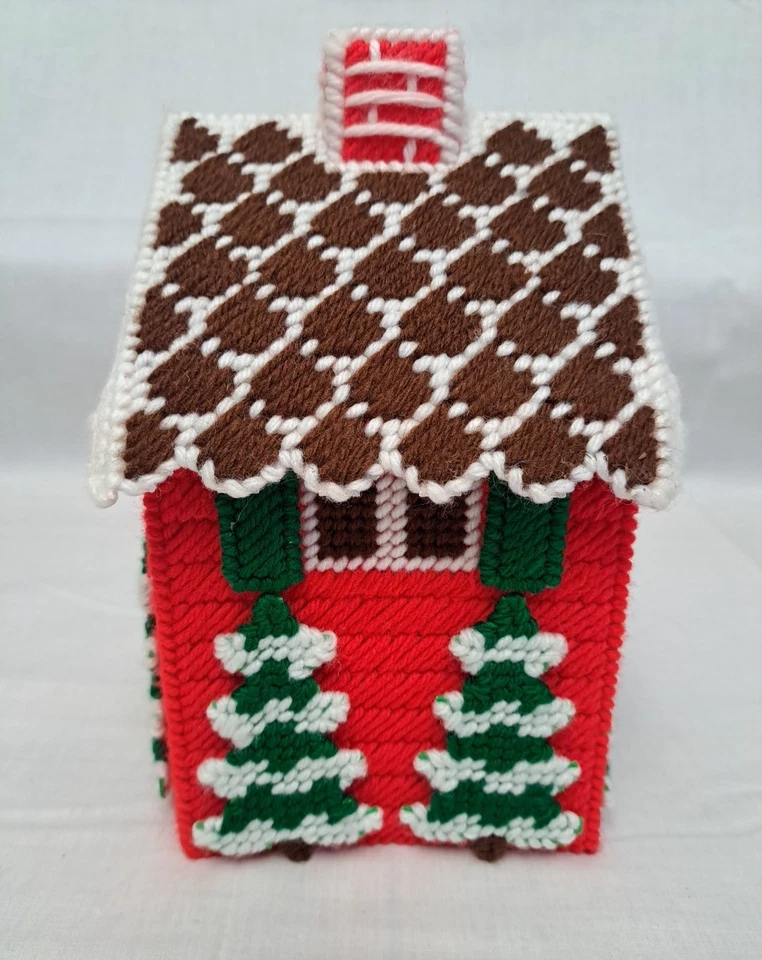 Caja de pañuelos vintage temática navideña hilo pan de jengibre casa cubierta roja verde 9x5" Foto 2 de 4