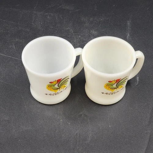 2 Anchor Hocking Fire King Rooster Milk Glass Coffee Mugs Vtg Farmhouse Kitchen