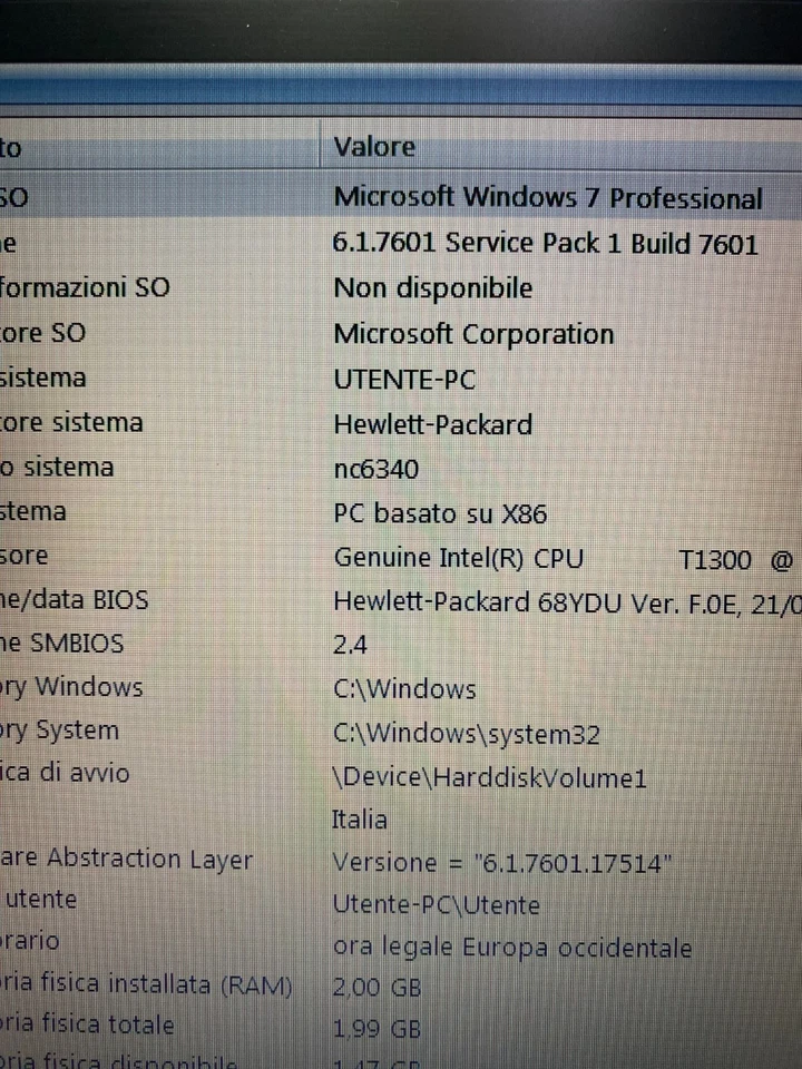 Netbook HP Compaq NX6310 Intel T1300 2GB ram 15 pollici Buono Stato - Immagine 2 di 4