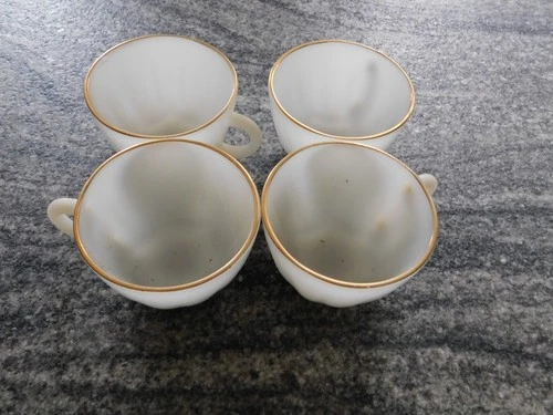 Vintage Anchor Hocking Fire King Milk Glass Swirl Gold Rim Tea Cups set of 4