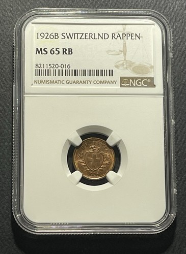 Switzerland 1926-B Rappen Coin: NGC MS65RB