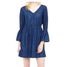 Club Monaco Dark Blue Chambray Denim V-Neck Flare Sleeve Mini Dress Size 10