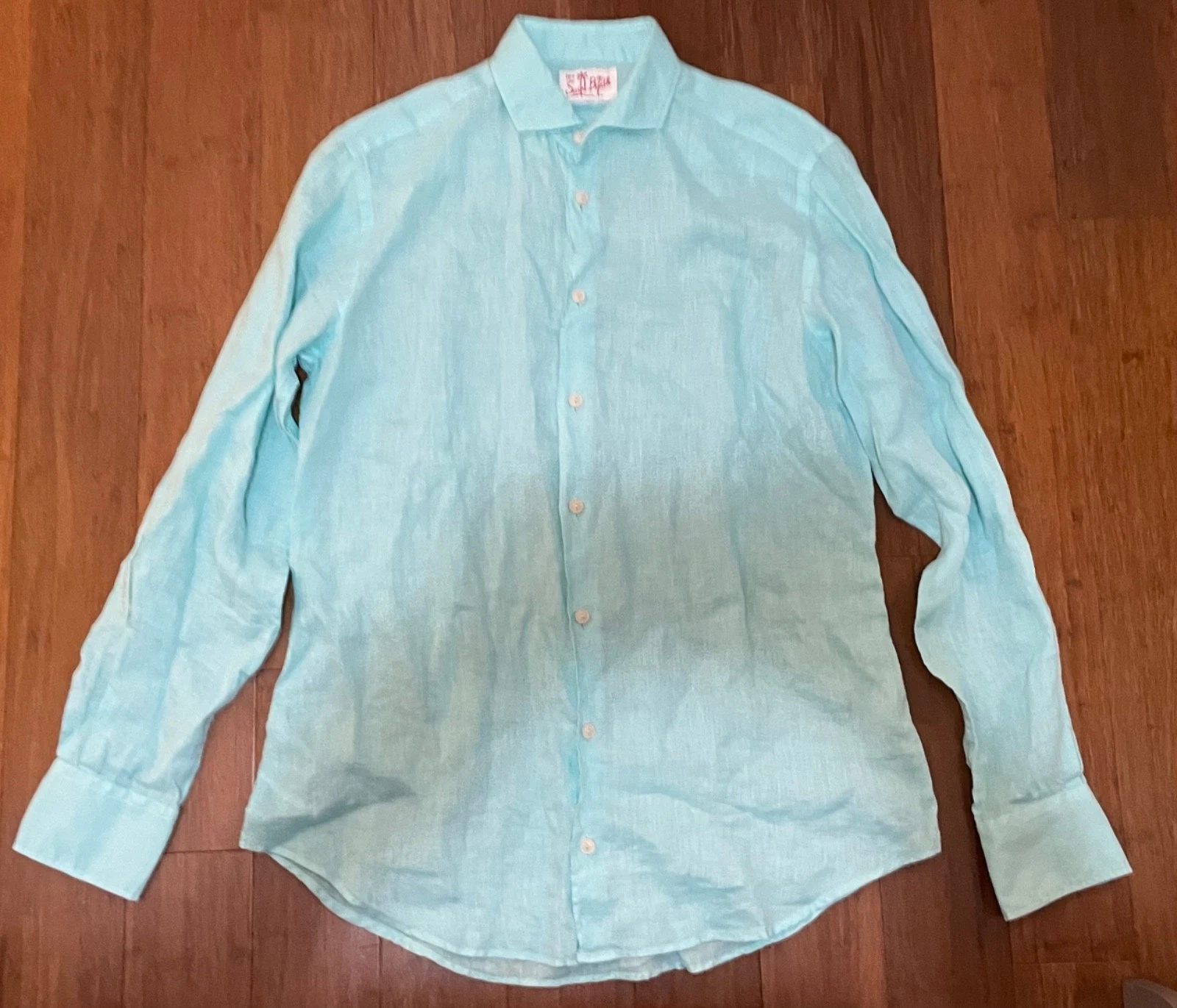 MC2 St Barth Mens Shirt L 100% Linen Turquoise $199 Luxury Button