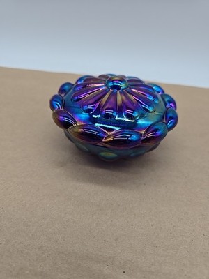 Vintage Cobalt Blue Carnival Glass Trinket, Puff, Jewelry box By Pioneer Glass 
