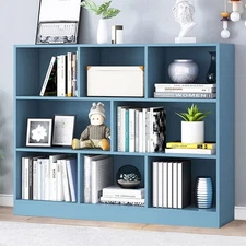 Open Shelf Low Bookcase - Wooden 3-Tier Floor Standing Display Cabinet Organi...