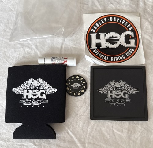 5 Pc Set-Harley Owners Group 35 Years Koozie, Coaster, Poker Chip, Sticker, Balm