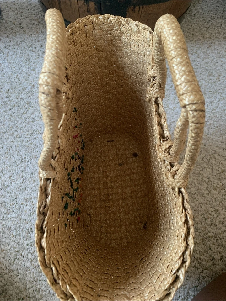 VTG 60's -70's Woven Straw Purse Leather Handles Flowers Retro Basket MCM Beach - Image 2 of 3