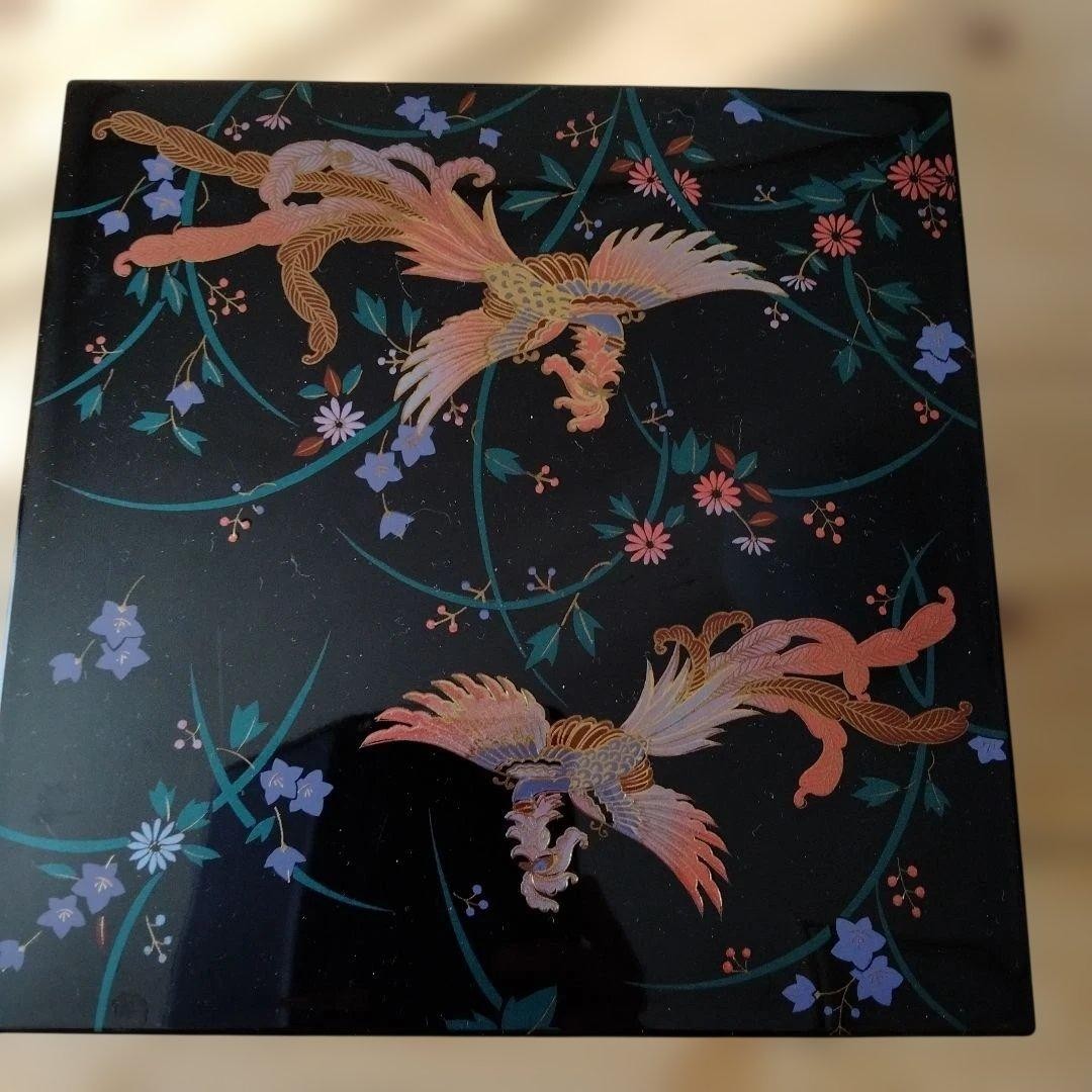 Lacquered Box with Phoenix & Flower Design, Gold & Green, Japanese Art