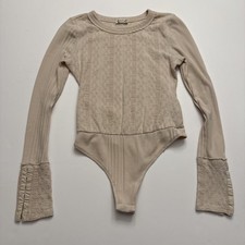 Intimately Free People Long Sleeve Round Neck Bodysuit Tan Size XS Textured