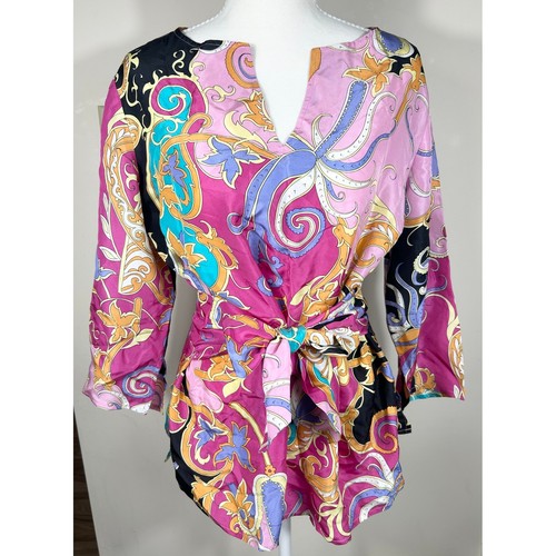 VTG Coldwater Creek Paisley Silk Tie Waist Tunic Top Women's PM BOHO Chic Artsy