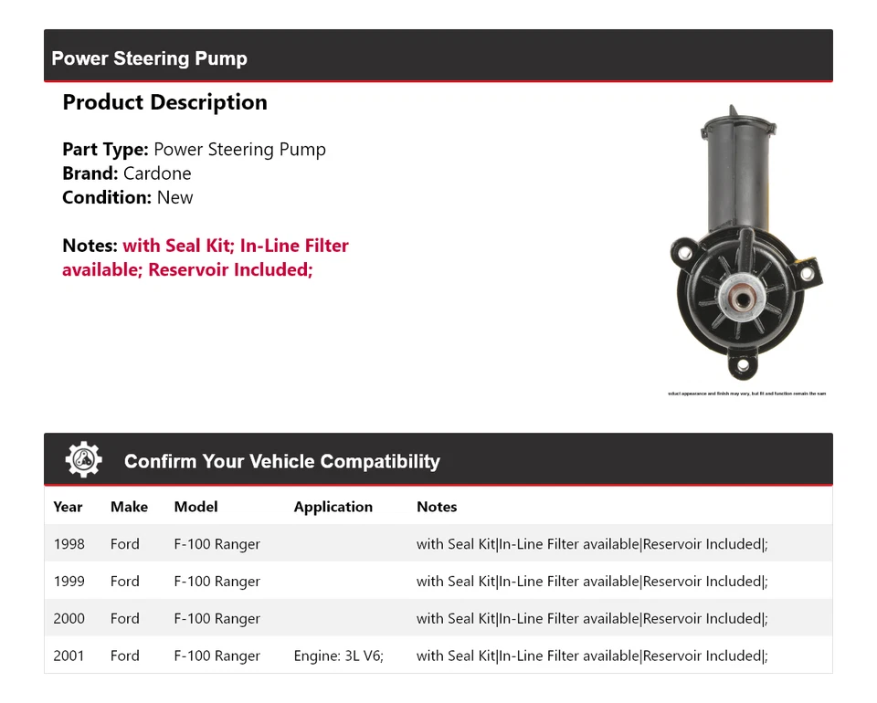 Bomba de dirección asistida Cardone 1999 2000 para Ford F-100 Ranger 1998-2001 Foto 2 de 4
