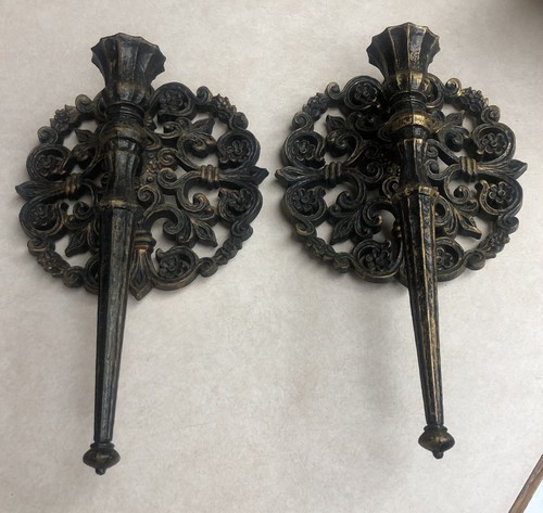 2 Vintage HOMCO Candle Wall Sconces Plastic USA Made Antiqued Black Gold 10”