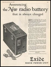 1925 Electric Storage Battery Exide "Always Charged" Radio Unit Vintage Print Ad