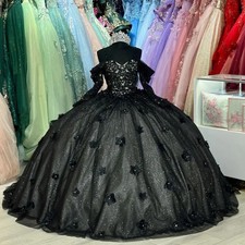 Black Quinceanera Dresses Applique Flower Sweet 16 Birthday Party Gown Pageant