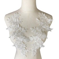 1 Pair White Lace Fabric Patches Embroidery Applique Lace Floral Motif Weddin...