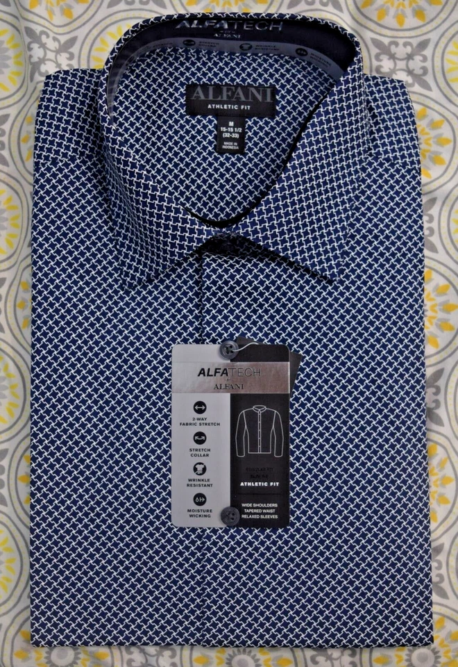 Camisa social masculina Alfani Alfa Tech estampa branca marinho 15 15.5 32-33 - Imagem 2 de 4