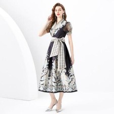 Womens 2024 Fashion Floral V Neck Puff Sleeves Bowtie Slim Fit Flared Dress 