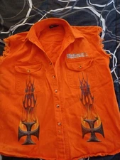 AMERICAN BIKER DAYTONA BIKE WEEK 2003 WOMANS ORANGE BUTTON DOWN SLEEVELESS SHIRT
