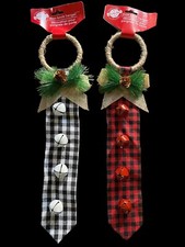 Christmas Door Knob Hanger Jingle Bells Strap Buffalo Check Burlap Pinecone