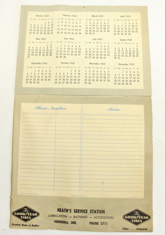 1952 Vintage Gas Station Calendar Good Year Tires Heath's Service