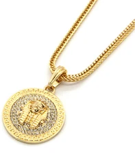 Mens Medallion Pharaoh Gold Plated Cubic-Zirconia 24" Franco Chain Pendant