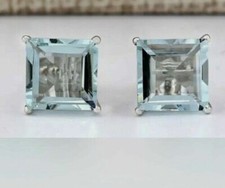 Women's 4Ct Princess Lab Created Aquamarine Stud Earrings 14k White Gold Plated