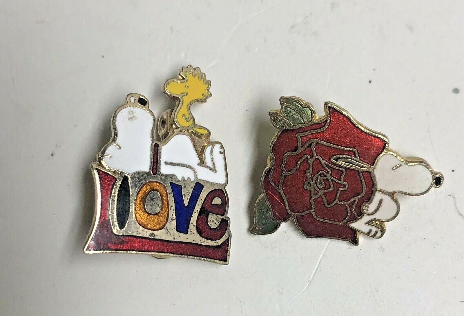 Pair Vintage SNOOPY Pins - LOVE w/ Woodstock & Roses | eBay
