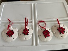 SAND DOLLAR HANDMADE POINSETTIA FLOWER VINTAGE 1990 CHRISTMAS ORNAMENTS SET OF 4
