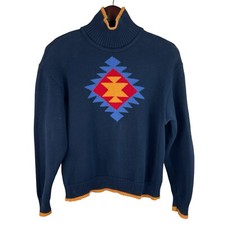 Liz  Co Vintage Size Large Navy Gold Trim Aztec Graphic Mock Neck Sweater 80  s