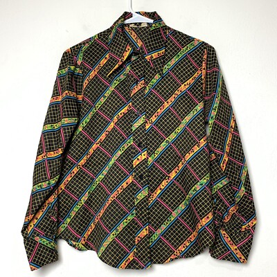 VTG 70s Disco Shirt dagger collar button Front Black And Psychedelic Floral MED