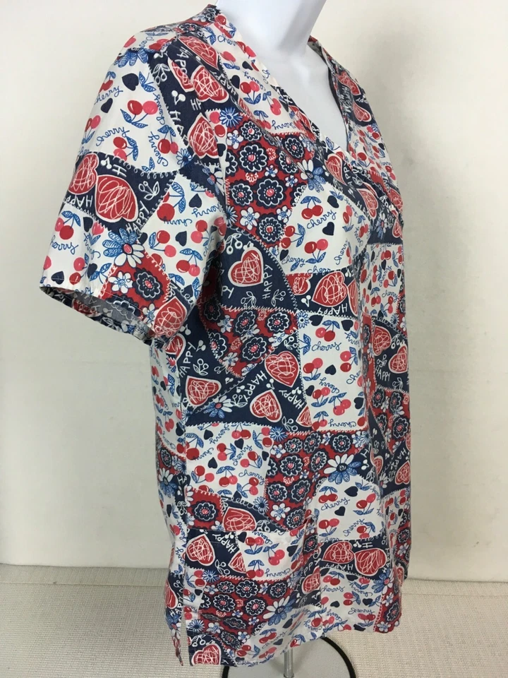 Barco Womens Scrub Top Size S White Blue Red Hearts Cherries Pockets V neck - Image 2 of 4