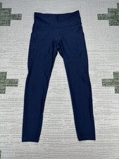 Athleta Interval Stash 7 8 Tights Womens Medium Blue Logo Mid Rise Yoga Workout