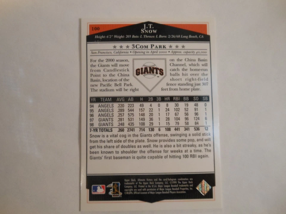 1999 Ultimate Victory COLLECTION PARALLEL #100 JT Snow SP 001/100 SF Giants - Image 4 of 4