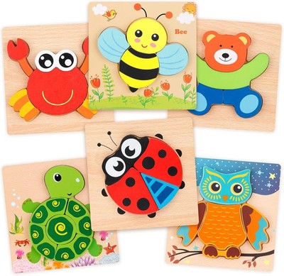 Coogam Wooden Jigsaw Puzzle Set, 6 Pack Animal Shape Color Montessori Toy, Fine