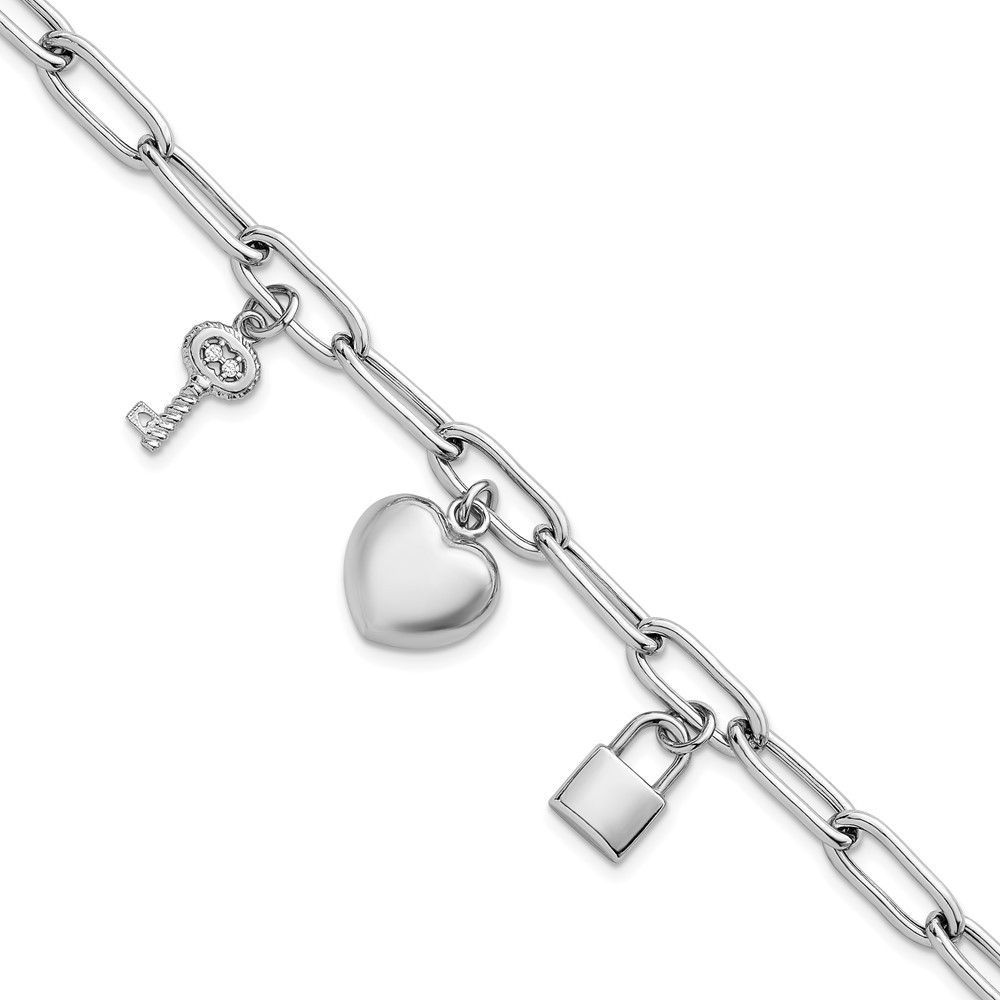 Sterling Silver Lock and Key Cubic Zirconia Paperclip Chain Toggle Bracelet 7.5