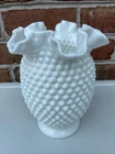 Fenton White Hobnail Milk Glass Double Crimped Vase 8" tall Vintage