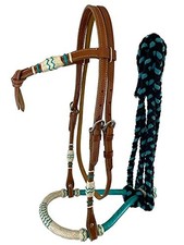 Showman Teal  Natural Rawhide Core Bosal Set w/ Cotton Mecate Reins