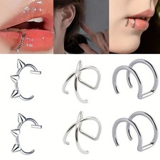 2 Pc Stainless Steel Ear Clip Fake Piercing Women Cartilage Lip Ring Jewelry